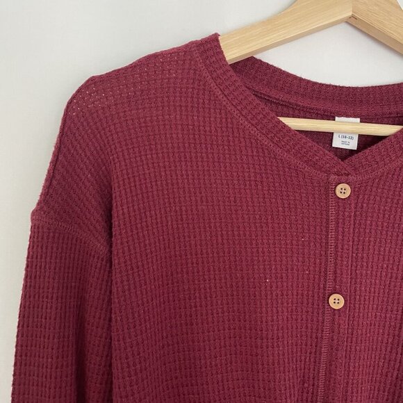 Old Navy sz L kids red waffle knit faux buttons front tie long sleeved sweater - Picture 2 of 8
